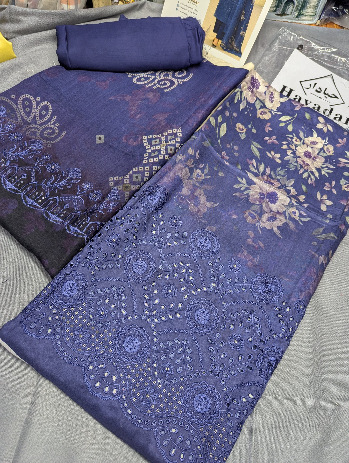 3Piece Boring Embroidery Export Quality Print Viscose Winter Collection – 2025 | Navy Blue Color