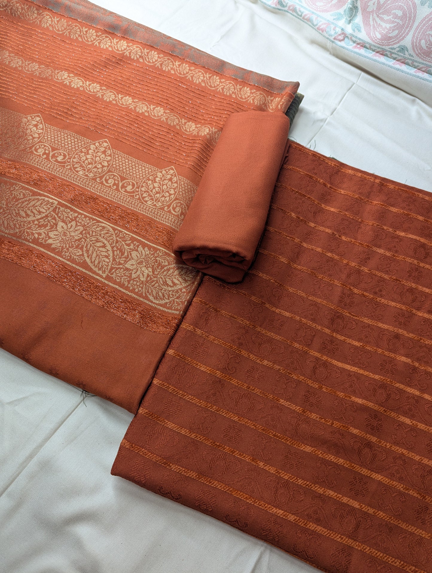 3PC Marina Velvet – Banarsi Jacquard Wool Shawl | Premium Winter 2025 (RUST COLOR)