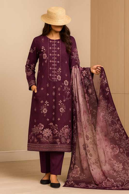3Piece Embroidery Export Quality Print Viscose Winter Collection – 2025