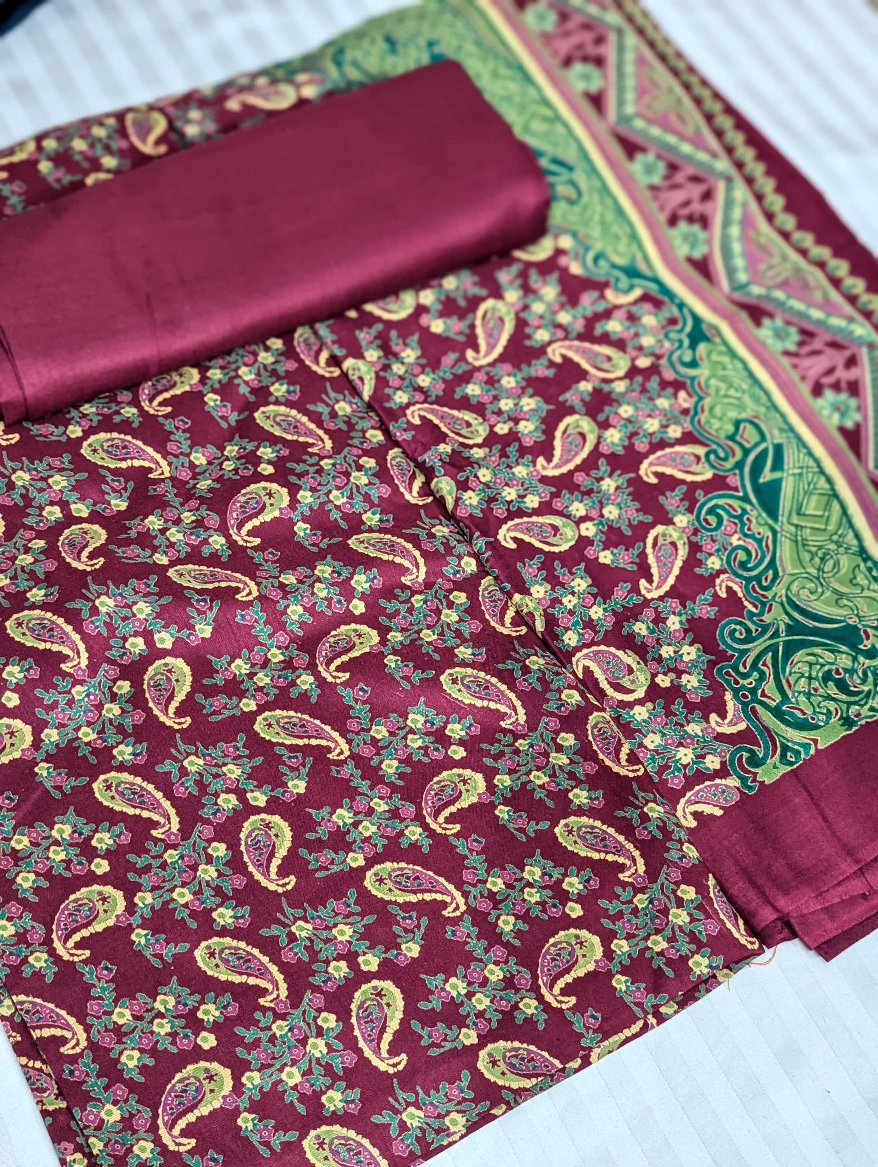 Premium Lilen Collection 3-piece Mehroon outfit by Hayadar Clothing, featuring traditional design and intricate fabric details.