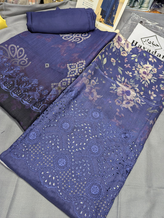 3Piece Boring Embroidery Export Quality Print Viscose Winter Collection – 2025 | Navy Blue Color