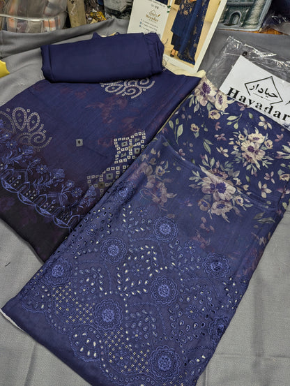 3Piece Boring Embroidery Export Quality Print Viscose Winter Collection – 2025 | Navy Blue Color