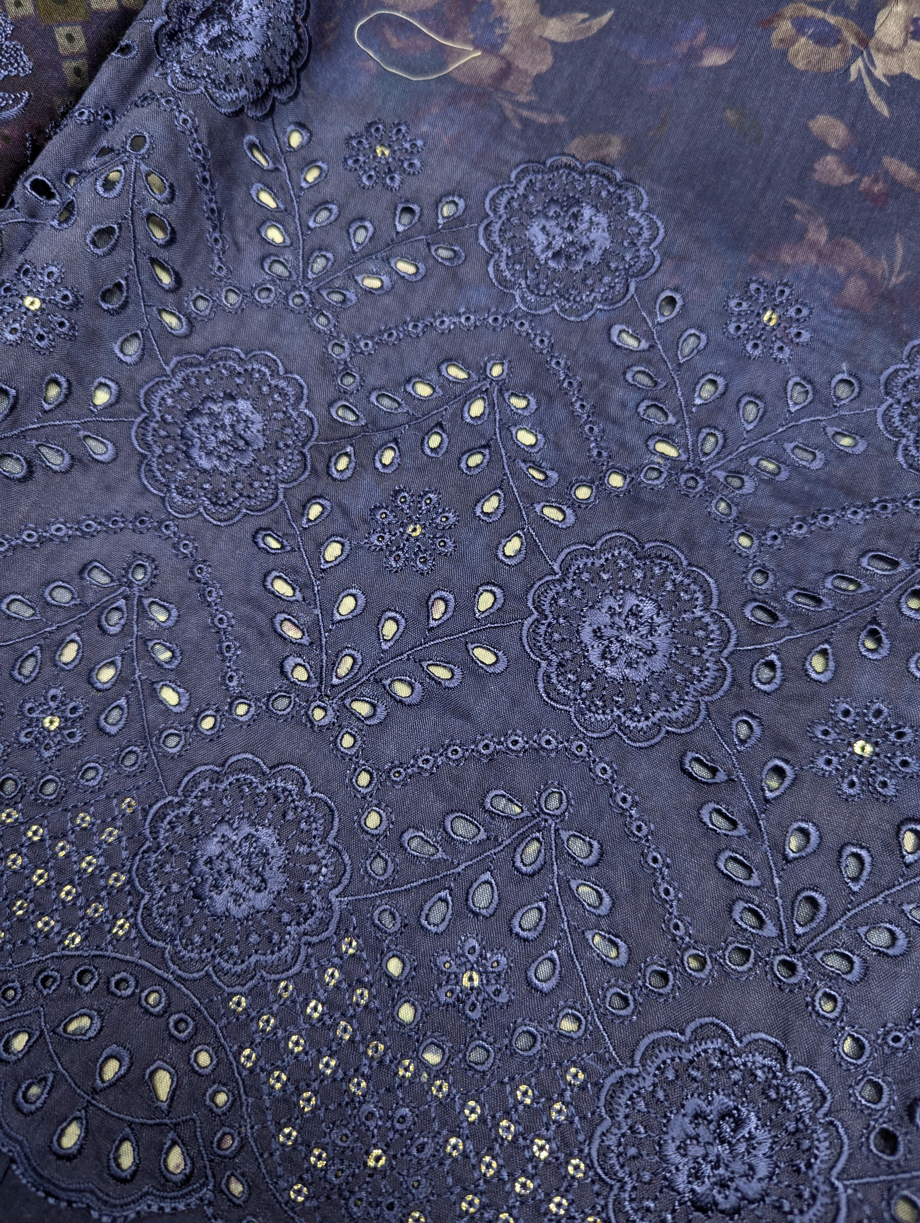 Navy blue 3-piece viscose winter collection embroidery set by Hayadar Clothing, featuring export quality print and intricate embroidery.