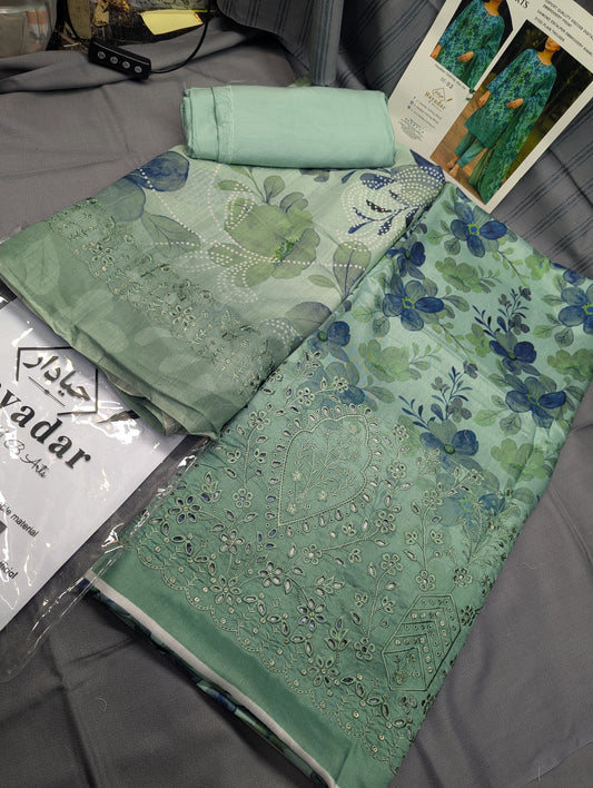 3Piece Boring Embroidery Export Quality Print Viscose Winter Collection – 2025 | Light Green Color