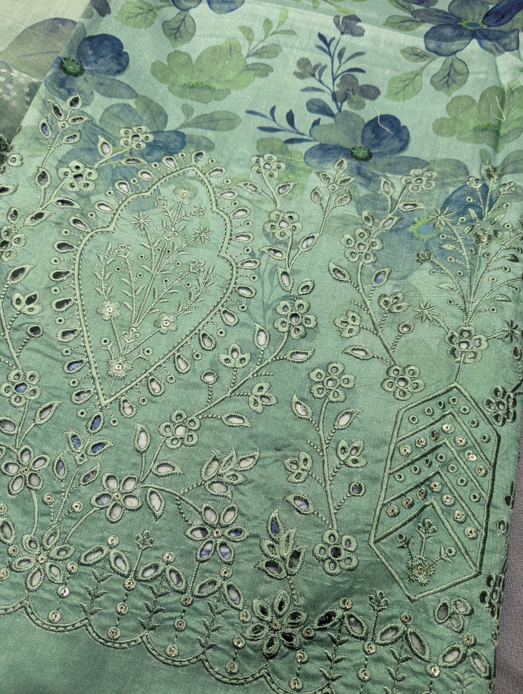 Light green 3-piece viscose embroidery winter outfit by Hayadar Clothing, featuring intricate export-quality print details.