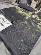 Black viscose 3-piece embroidery winter outfit from Hayadar Clothing, featuring export quality print and stylish design.