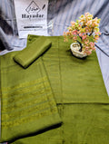 Velvet lining Marina suit with shawl in Mehndi color, 3-piece set by Hayadar Clothing, featuring intricate allover design.