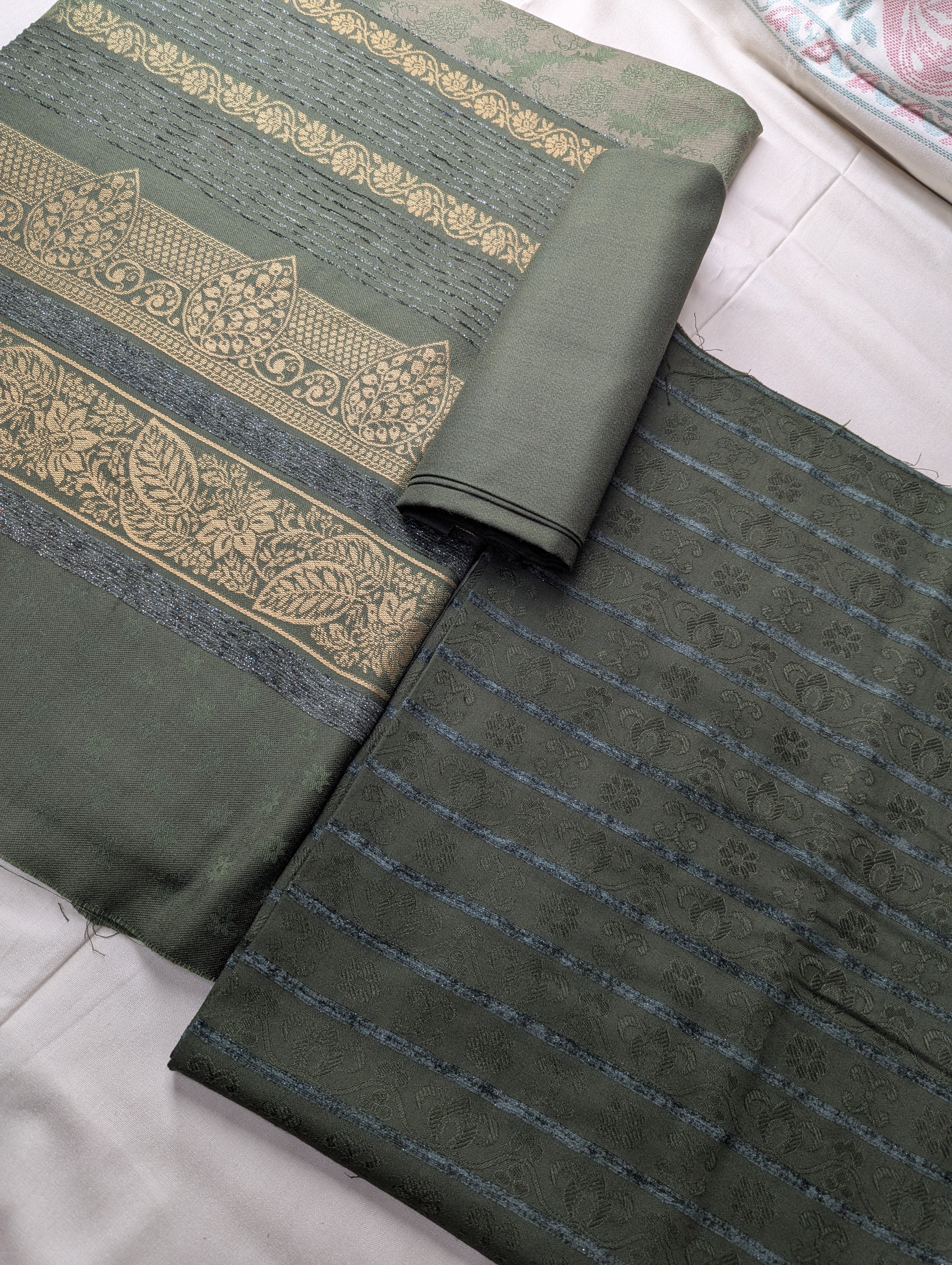 Hayadar Clothing 3-piece Marina Velvet Banarsi Jacquard Wool Shawl set in lush mud green, perfect for winter 2025.