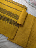 Mustard-colored 3-piece Marina Velvet Banarsi Jacquard Wool Shawl set, luxurious winter accessory by Hayadar Clothing.