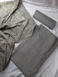 Three-piece peach velvet wool winter outfit in matel gray from Hayadar Clothing's 2025 collection, displayed on a model.