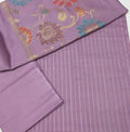 Hayadar Clothing 3-piece moon light lawn suit with purple lilac multi jaquard Banarasi dupatta, elegant traditional Indian attire.