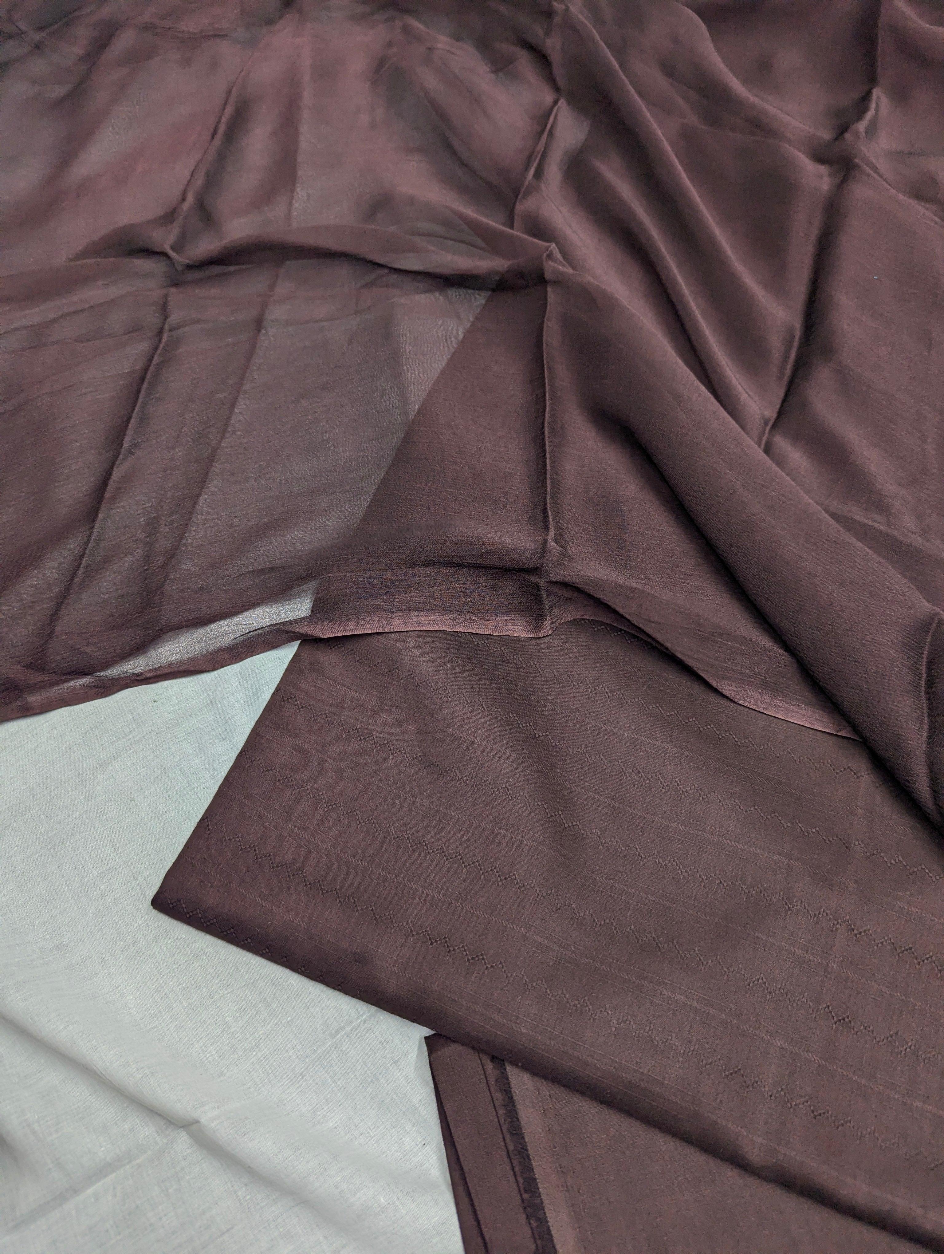 3PC LUXURY SELF JAEQAT LAWN & PURE CHIFFON DUPATTA [CHOCOLATE BROWN]