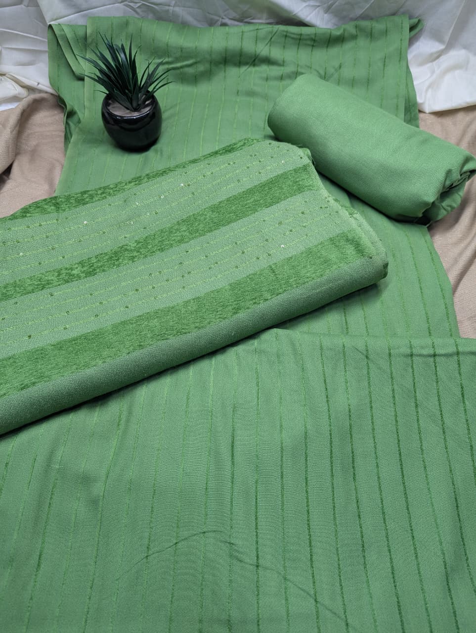 Hayadar Clothing 3-piece Alpine Velvet Marina vertical line set in pista green, featuring a luxurious velvet fabric and elegant design.
