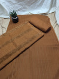 Rust-colored Hayadar Clothing 3-piece Alpine Velvet Marina set with vertical line design, showcasing luxurious fabric and stylish details.