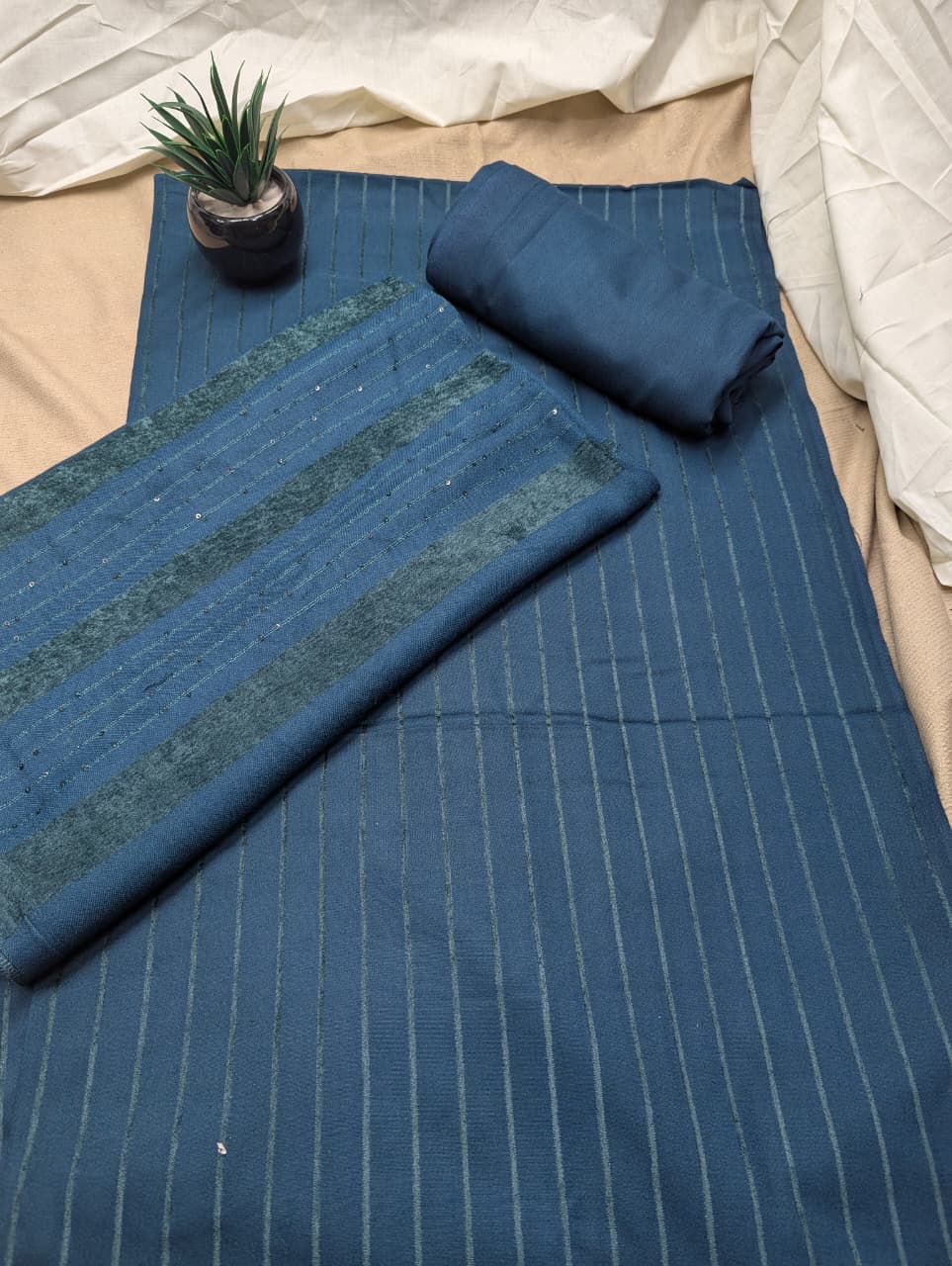 Hayadar Clothing 3-piece Alpine Velvet Marina set with vertical zinc pia color pattern, showcasing luxurious velvet fabric and stylish design.