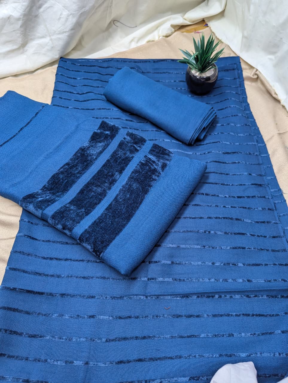 Three-piece Alpine Velvet Dhank Marina set in zinc blue from Hayadar Clothing's Winter Collection, featuring soft velvet fabric.