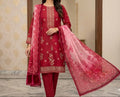 Three-piece Doria lawn embroidered suit with bamber dupatta by Hayadar Clothing, featuring intricate embroidery and vibrant fabric.