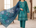 Three-piece Doria lawn embroidered suit with Bamber dupatta from Hayadar Clothing, featuring intricate embroidery and vibrant fabric.