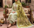 Three-piece Doria lawn embroidered suit with Bamber dupatta by Hayadar Clothing, featuring intricate embroidery and vibrant fabric.