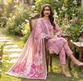 Three-piece fine weave lawn suit with printed design and matching voil dupatta, featuring intricate fabric details from Hayadar Clothing.