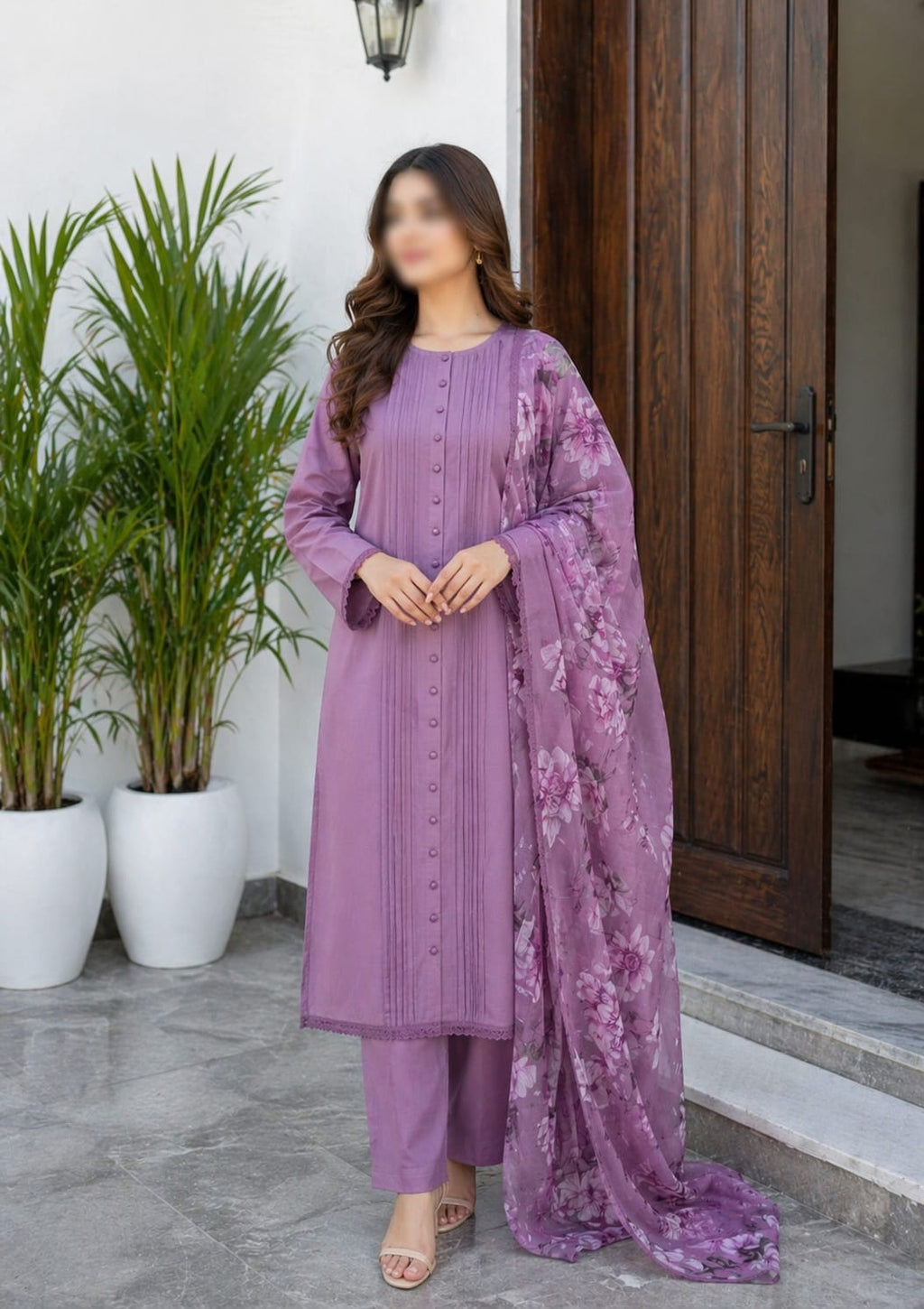 3-Pc Luxury Plain Suit | Bamber Print Dubatta [Lilac Bloom Color]