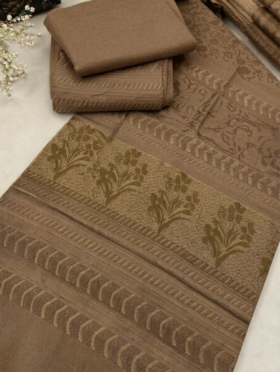 3-PC MOONLIGHT SIGNATURE WITH VELVET JACQUARD SHAWL [DARK BEIGE COLOR]