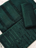 Three-piece Alpine Chamki Zari velvet Marina winter collection in bottle green, featuring intricate embroidery and luxurious fabric.
